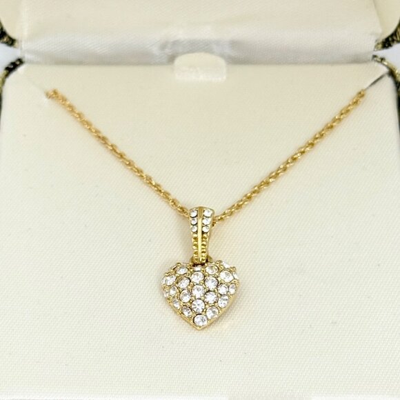 Vintage Monet Gold Tone Heart Necklace w/Crystal Rhinestones In Box - Picture 1 of 8
